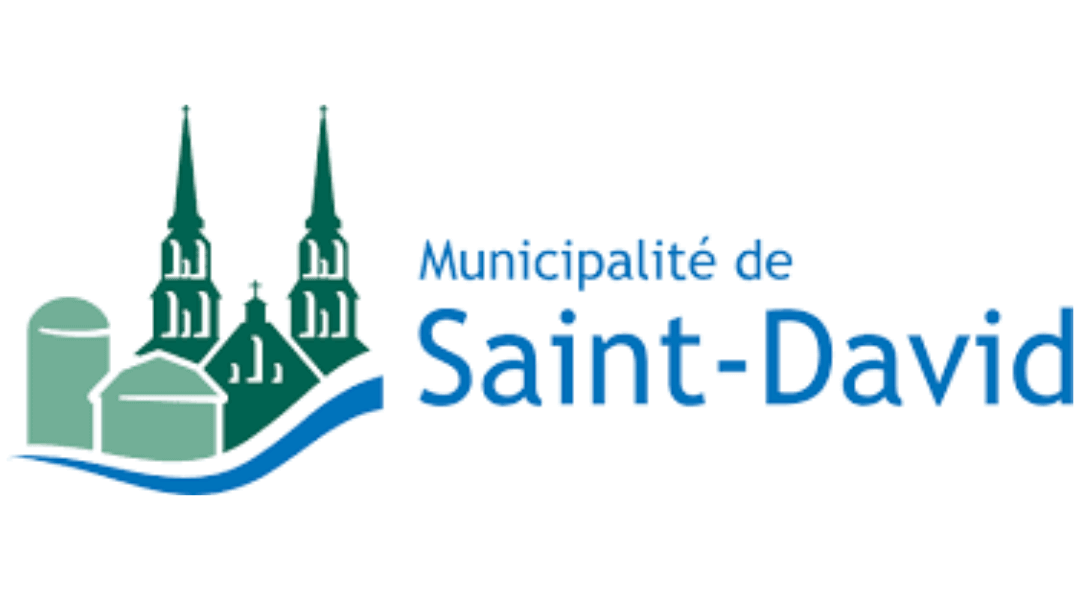 Logo de la municipalité de Saint-David avec icônes d'églises et de bâtiments.