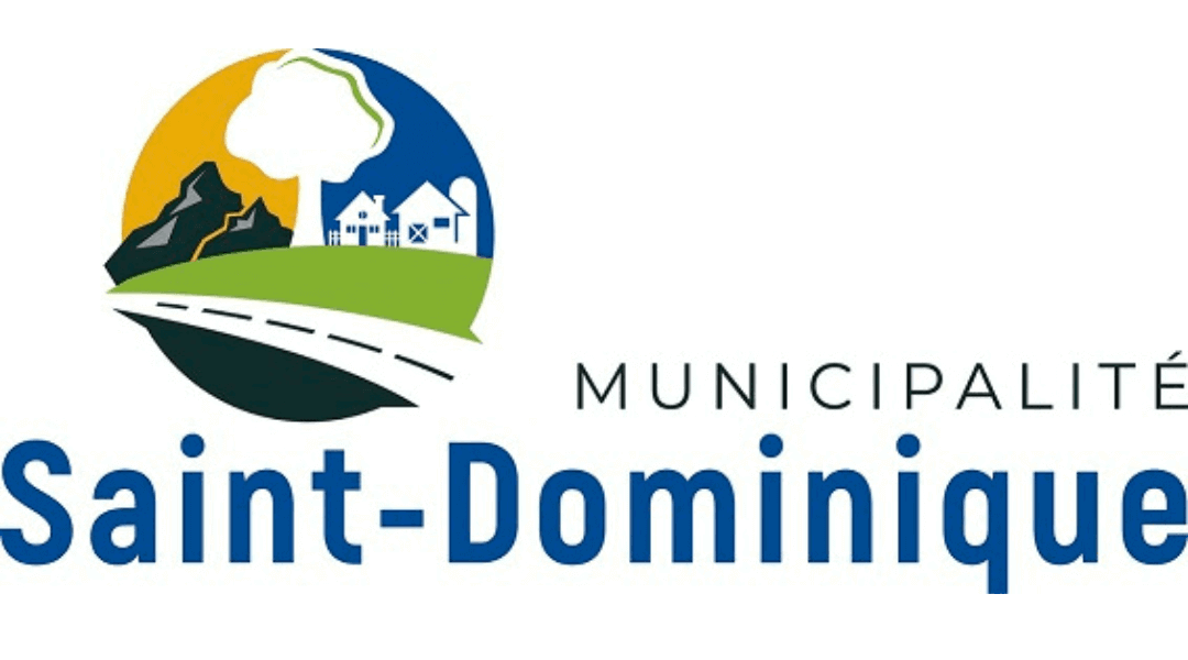 Logo of Municipalité Saint-Dominique featuring mountains, a road, a house, and a tree in a circular design.