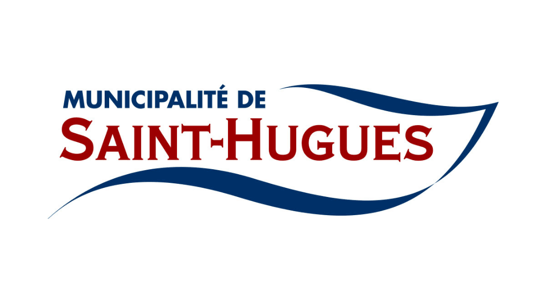 Logo of Municipalité de Saint-Hugues with blue and red text and wave design.
