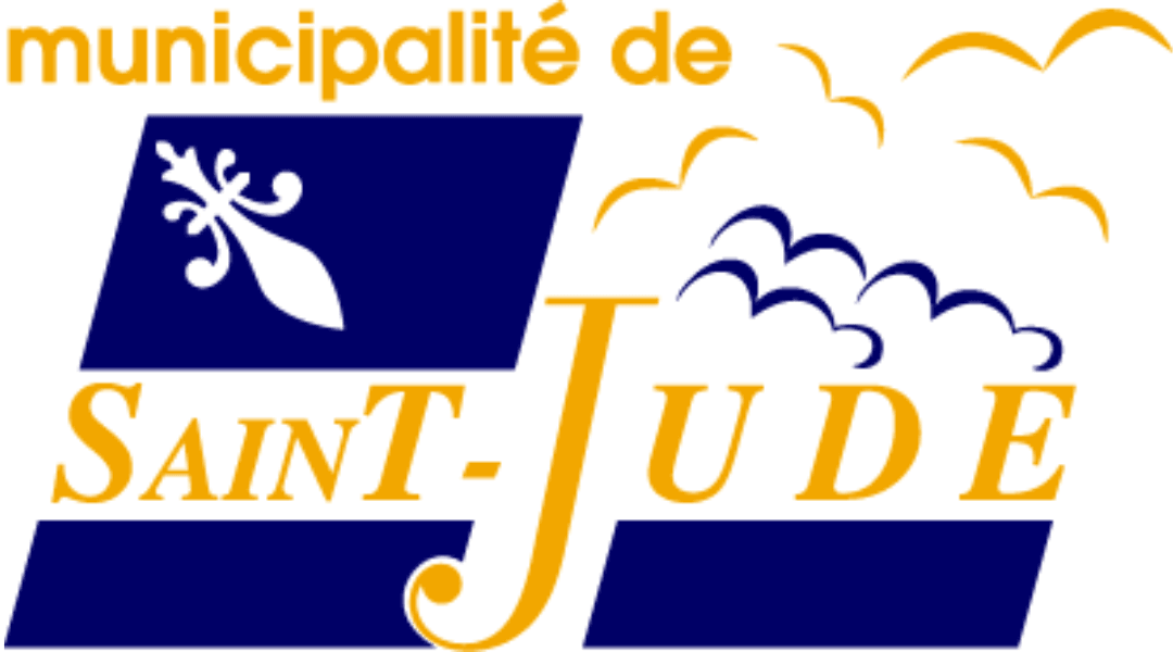 Logo of the municipality of Saint-Jude with stylized fleur-de-lis design and flying birds.