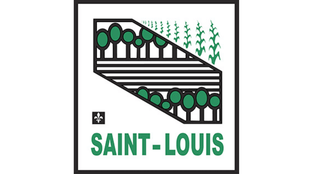 Saint-Louis emblem featuring trees, fields, and a fleur-de-lis, representing agriculture and heritage.