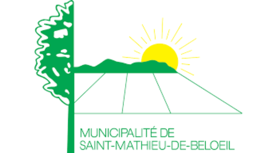 Logo of Municipalité de Saint-Mathieu-de-Beloeil featuring a sun, mountain, field, and tree in green and yellow.