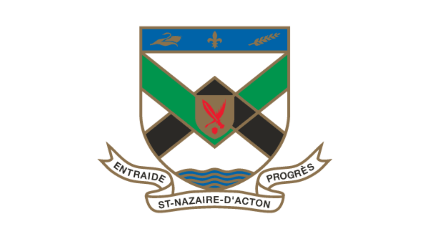 Coat of arms for St-Nazaire-d'Acton with green, black chevrons, red emblem, blue fleur-de-lis, and "Entraide, Progrès" motto.