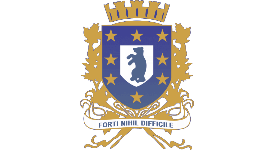 Heraldic crest with bear silhouette, stars, and "Forti Nihil Difficile" motto banner below.