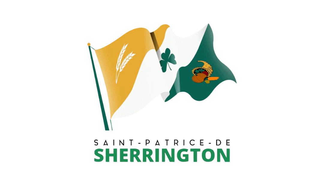 Flag of Saint-Patrice-de-Sherrington featuring wheat, clover, and corn symbols on gold, white, and green background.