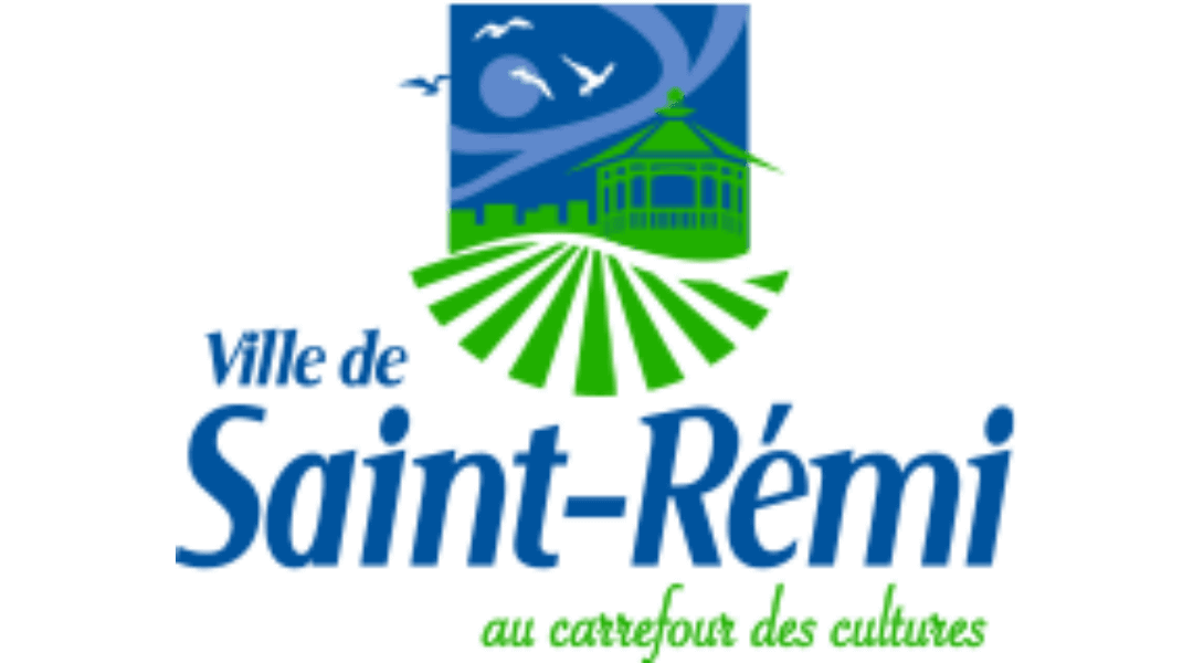 Logo of Ville de Saint-Rémi depicting a pavilion, fields, and birds at night, with the slogan 'au carrefour des cultures.'