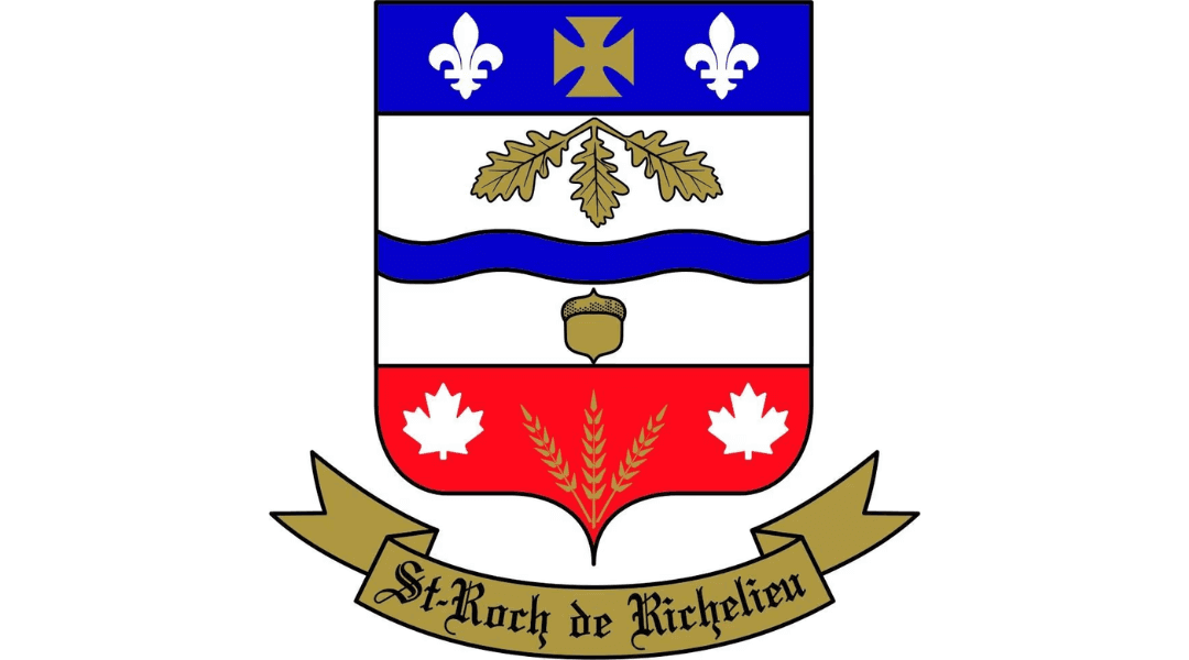 St-Roch de Richelieu coat of arms with fleur-de-lis and acorn motif on heraldic shield.