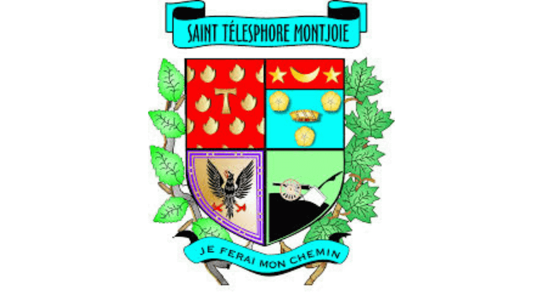 Colorful coat of arms with symbols and text 'Saint Télesphore Montjoie' and 'Je ferai mon chemin' ribbon, surrounded by green leaves.