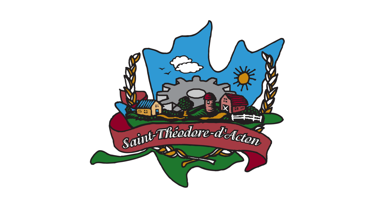 Emblem of Saint-Théodore-d'Acton featuring a farm scene with a sun, gear, and red ribbon banner.