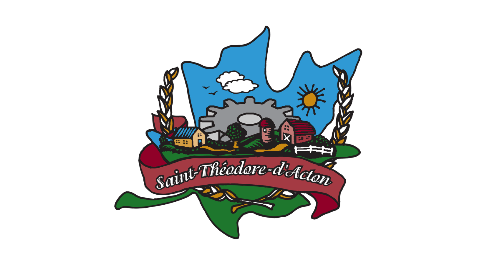 Emblem of Saint-Théodore-d'Acton featuring a farm scene with a sun, gear, and red ribbon banner.