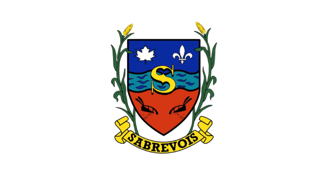 Sabrevois coat of arms featuring a shield with a maple leaf, fleur-de-lis, letter S, and corn stalks.