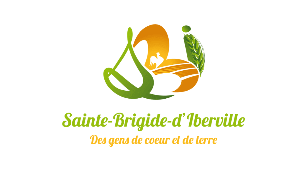 Logo of Sainte-Brigide-d'Iberville with agricultural symbols and the text 'Des gens de coeur et de terre' in green and orange colors.