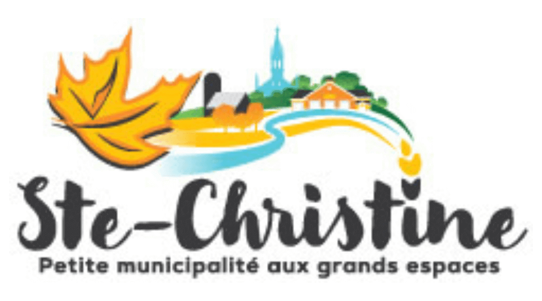Logo of Ste-Christine with a leaf and village design, showcasing the slogan "Petite municipalité aux grands espaces."