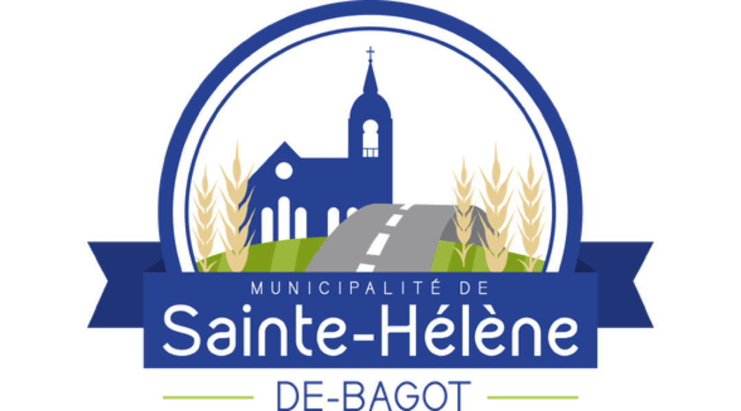 Logo of Sainte-Hélène-de-Bagot municipality featuring a church and wheat fields with a blue ribbon.