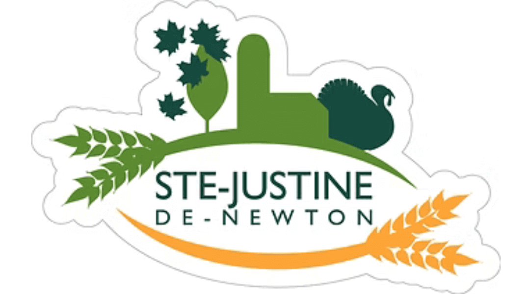 Logo of Ste-Justine de Newton featuring green and orange plants, a turkey silhouette, and the town's name.