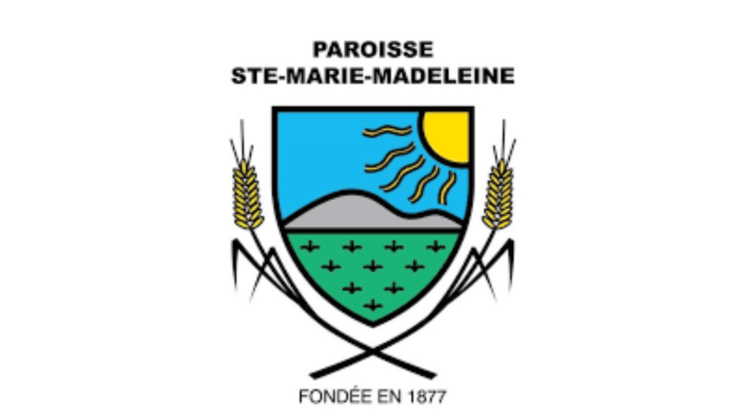 Coat of arms for Parish Ste-Marie-Madeleine, featuring sun, hills, wheat, and the text 'Founded in 1877'