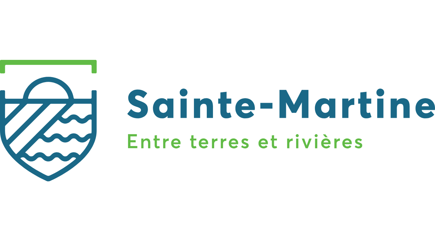 Sainte-Martine logo with text 'Entre terres et rivières' and shield graphic featuring a sun and waves.