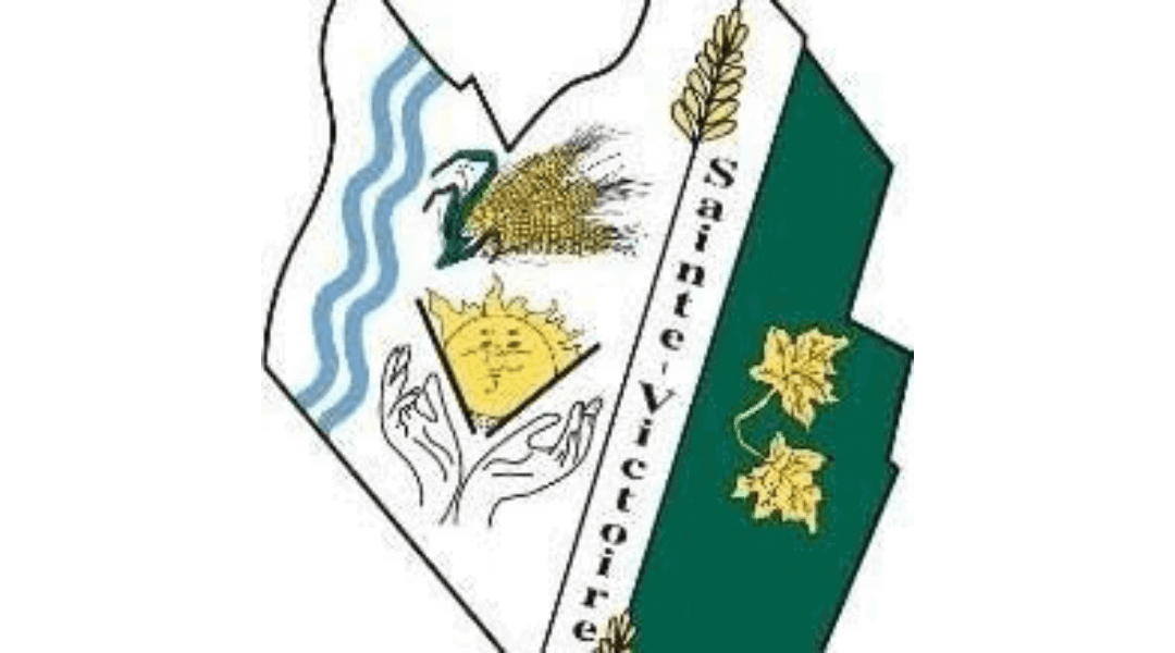 Emblem featuring wheat, river, and plant motifs with 'Sainte Victoire' text on a divided background.