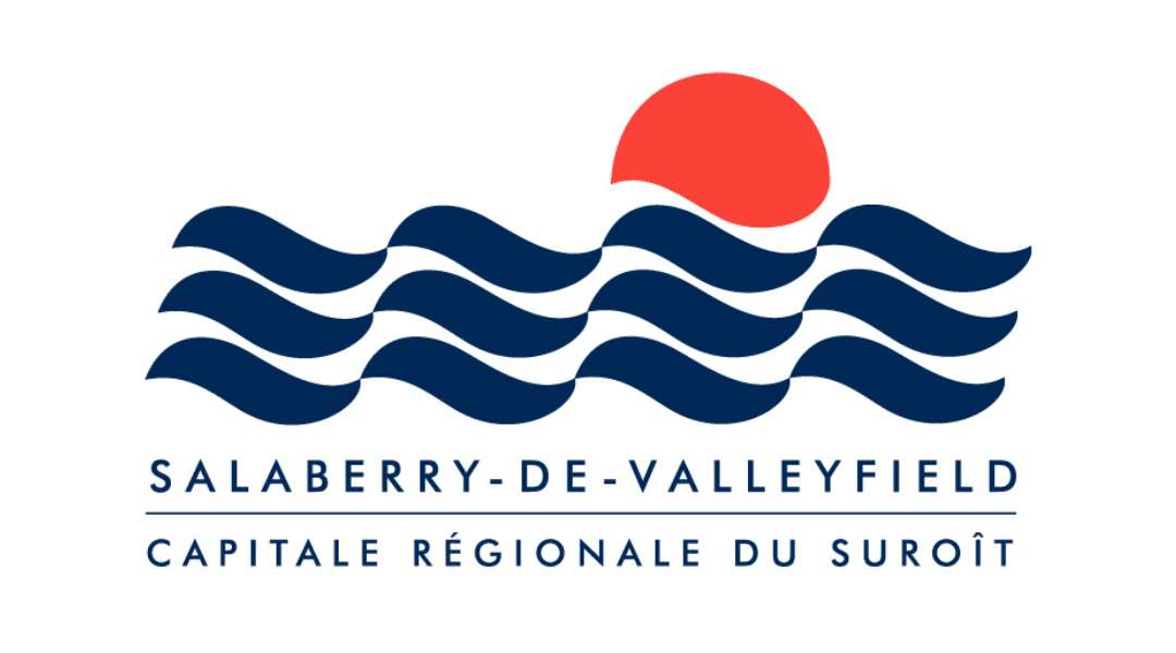Logo of Salaberry-de-Valleyfield with stylized waves and red sun.