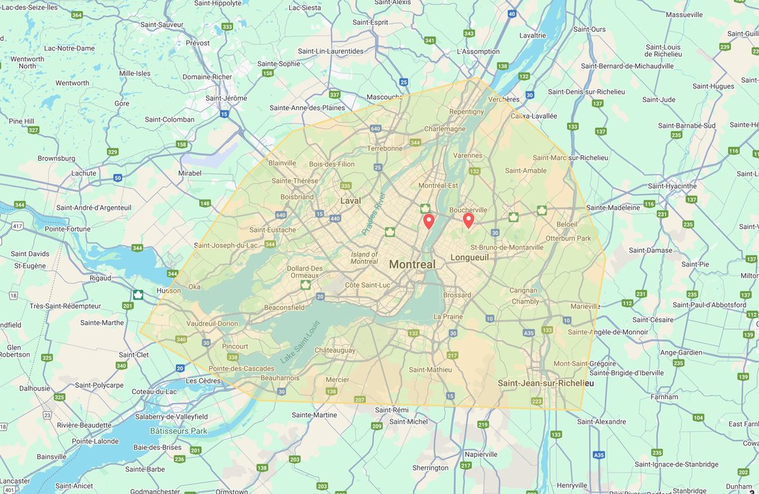 Carte de la zone de service d’AirGreen dans le Grand Montréal avec le bureau de Montréal et la salle de montre de Boucherville