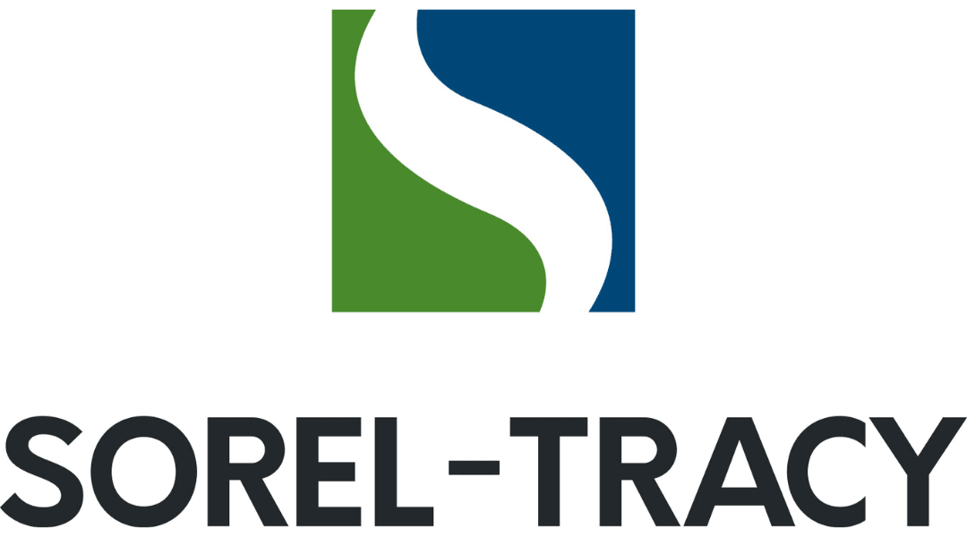 Logo of Sorel-Tracy with a green and blue emblem above the city name, showcasing regional branding.