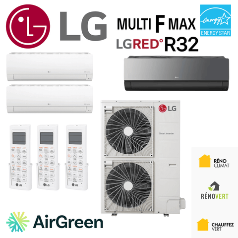 Thermopompe LG Multi F MAX LGRED R32 | 3 Zones + 42000 BTU | Montérégie unit with remotes and outdoor condenser.