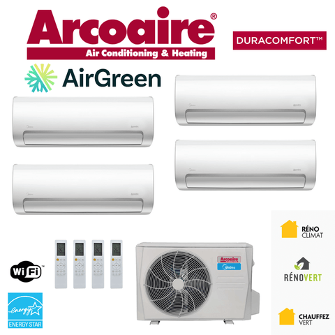Thermopompe ArcoAire DLCMRA | 4-Zones | Compresseur 36 000 BTU system with four indoor units and remote controls