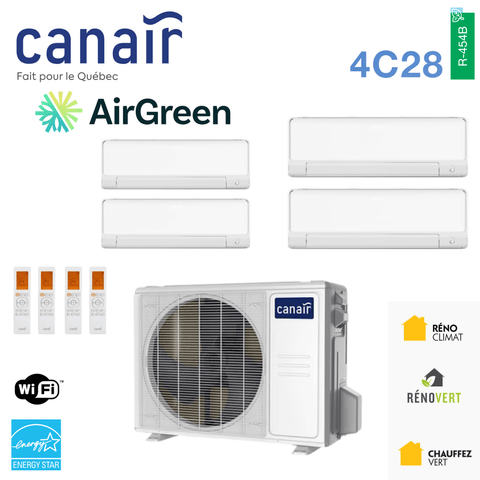 Thermopompe CANAIR 4C28 - R454B | 4-Zones - 27 000 BTU Extérieur avec logos AirGreen, WiFi et Energy Star, unité extérieure et intérieure
