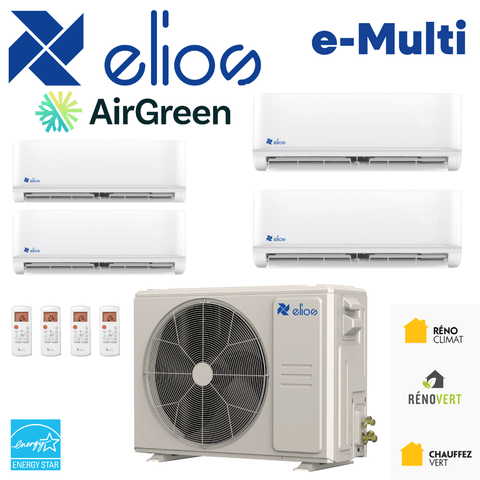 Thermopompe ELIOS E-MULTI 4 Têtes + 48000 BTU Compresseur | Longueuil avec unités intérieures et logo AirGreen
