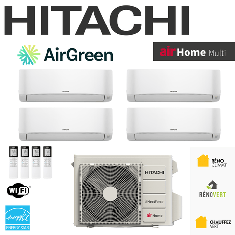 Thermopompe Murale 4-Zones HITACHI airHome Multi | Compresseur 36 000 BTU avec quatre unités murales et compresseur extérieur