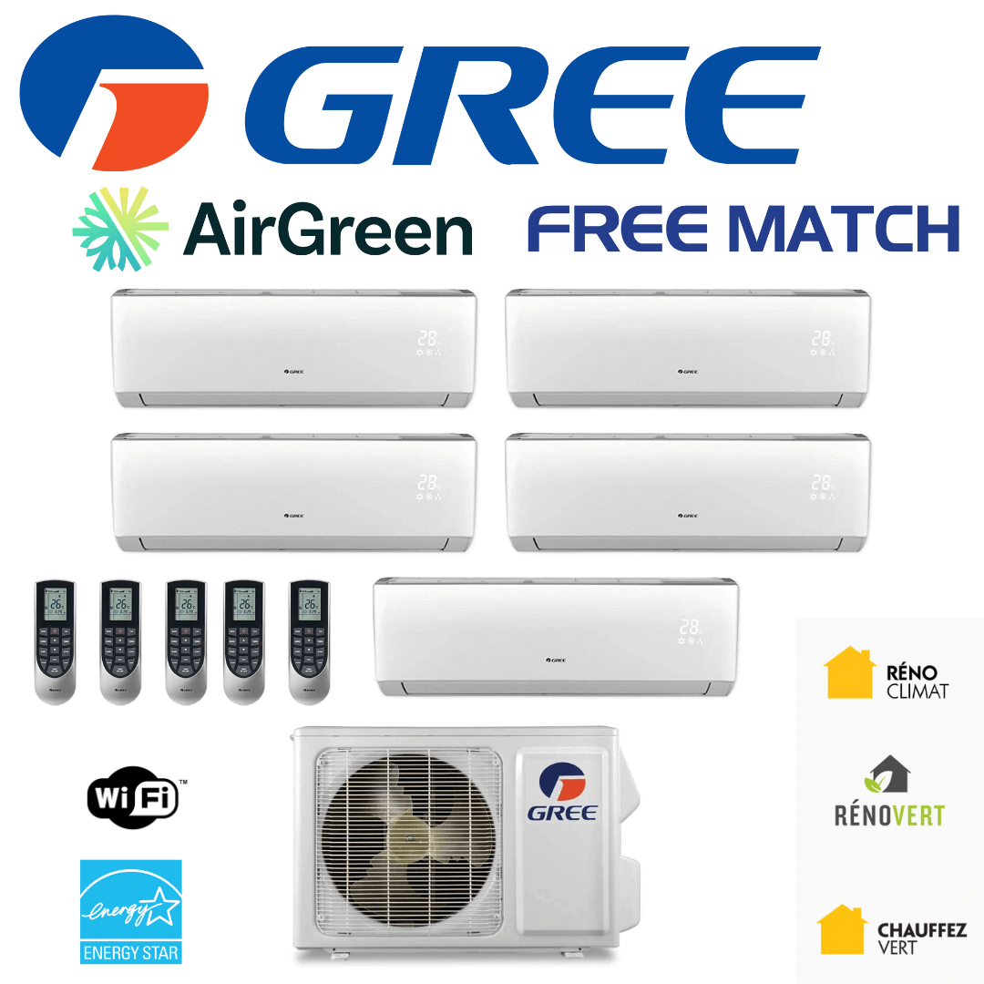 Thermopompe 5-Zones | Compresseur 42 000 BTU | Gree Free Match Série M | Montréal, Laval, Longueuil, Rive Sud et Rive Nord