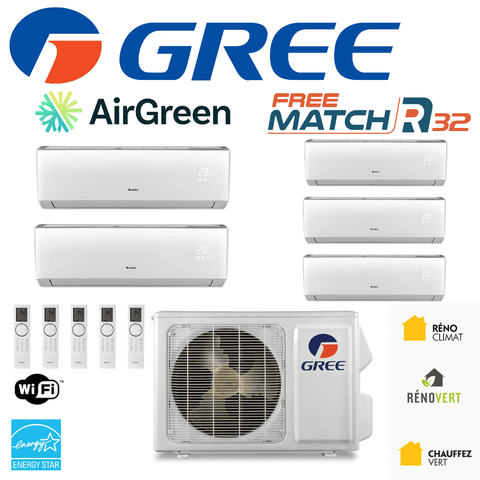 Thermopompe 5-Zone Gree FreeMatch R32 | 42 000 BTU system by AirGreen for Montréal, Laval, Longueuil, Rive Sud & Rive Nord