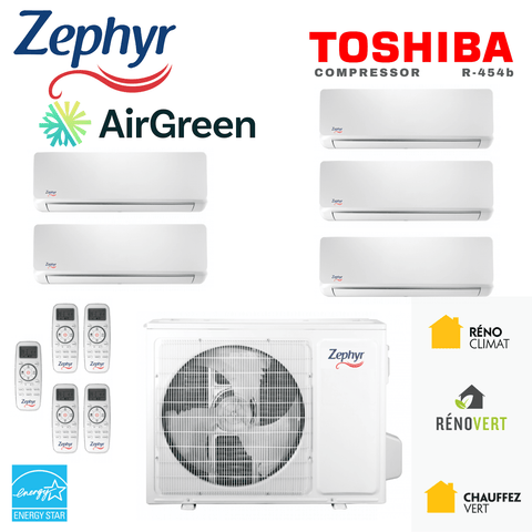 Thermopompe 5-Zone Zephyr R-454B | Compresseur 42 000 BTU | Montréal, Laval, Longueuil, Rive Sud & Rive Nord system with remotes.