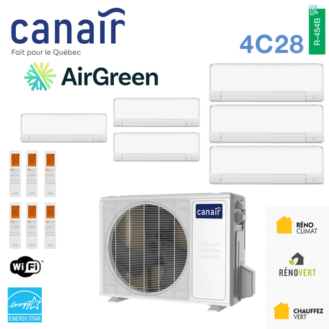 Image of Thermopompe CANAIR 4C28 - R454B | 6-Zones - 48 000 BTU Extérieur with AirGreen branding and remote controls.