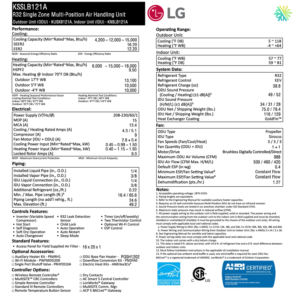 Thermopompe Centrale LG R32 | 1 Tonne - 12 000 BTU