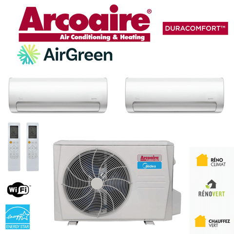 Thermopompe ArcoAire DLCMRA | 2-Zones | Compresseur 36 000 BTU installation avec unités murales et télécommandes