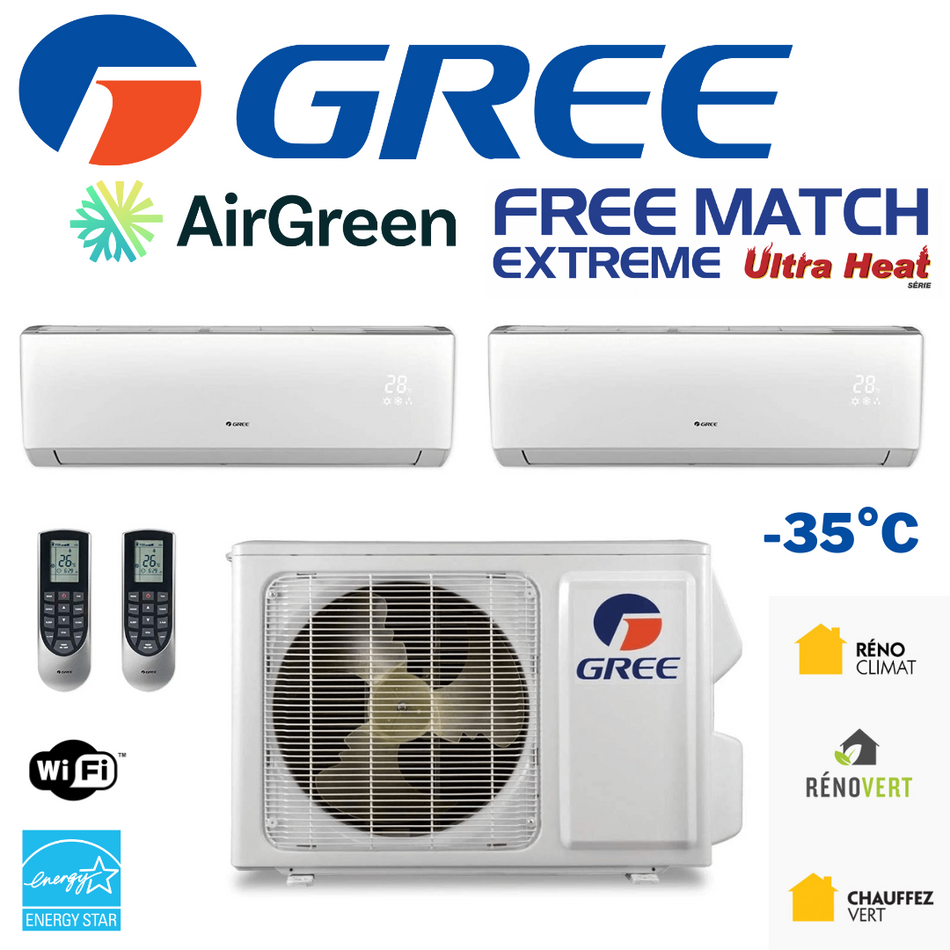 Ductless Double Zone Heat Pump Gree Free Match Extreme Compressor 18 000 BTU Montreal
