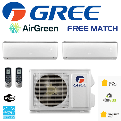 Thermopompe Double Zone Gree Free Match Compresseur 30 000 BTU Montréal avec télécommandes et logos WiFi et Energy Star.