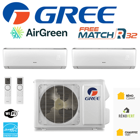 Thermopompe DoubleZone Gree FreeMatch R32 | 18 000 BTU | Montréal, Laval, Longueuil, Rive Sud & Rive Nord system with WiFi and Energy Star