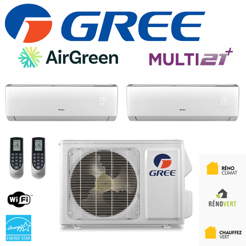 Thermopompe Double Zone Gree Multi21+ Compresseur 30 000 BTU Montréal avec unités murales et télécommandes.
