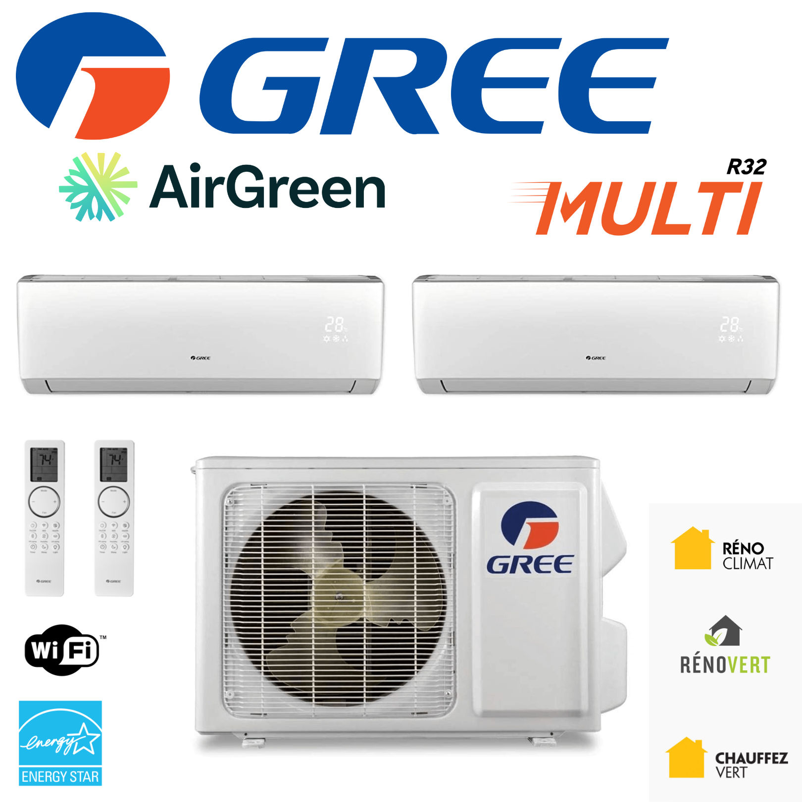 Thermopompe Double Zone Gree MULTI R32 | Ext : 18 000 BTU | Montréal, Laval, Longueuil, Rive Sud & Rive Nord
