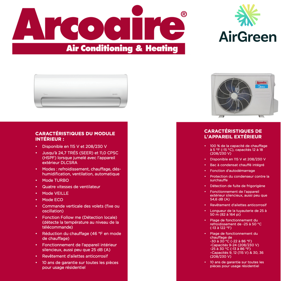 Ductless Mini Split Arcoaire Duracomfort 24 000 BTU | Montreal, Laval, Longueuil, South Shore and North Shore