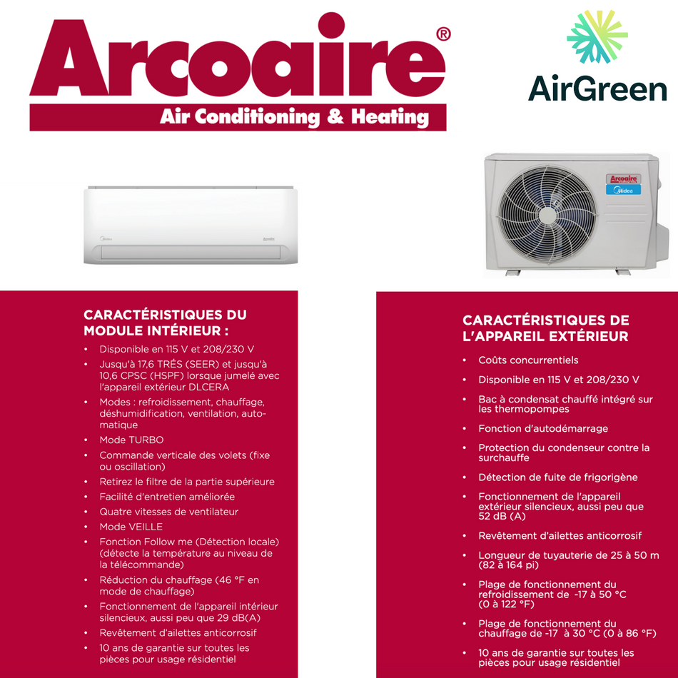 Ductless Heat Pump Arcoaire Performance 12 000 BTU (115V) | Montreal, Laval, Longueuil, South Shore and North Shore