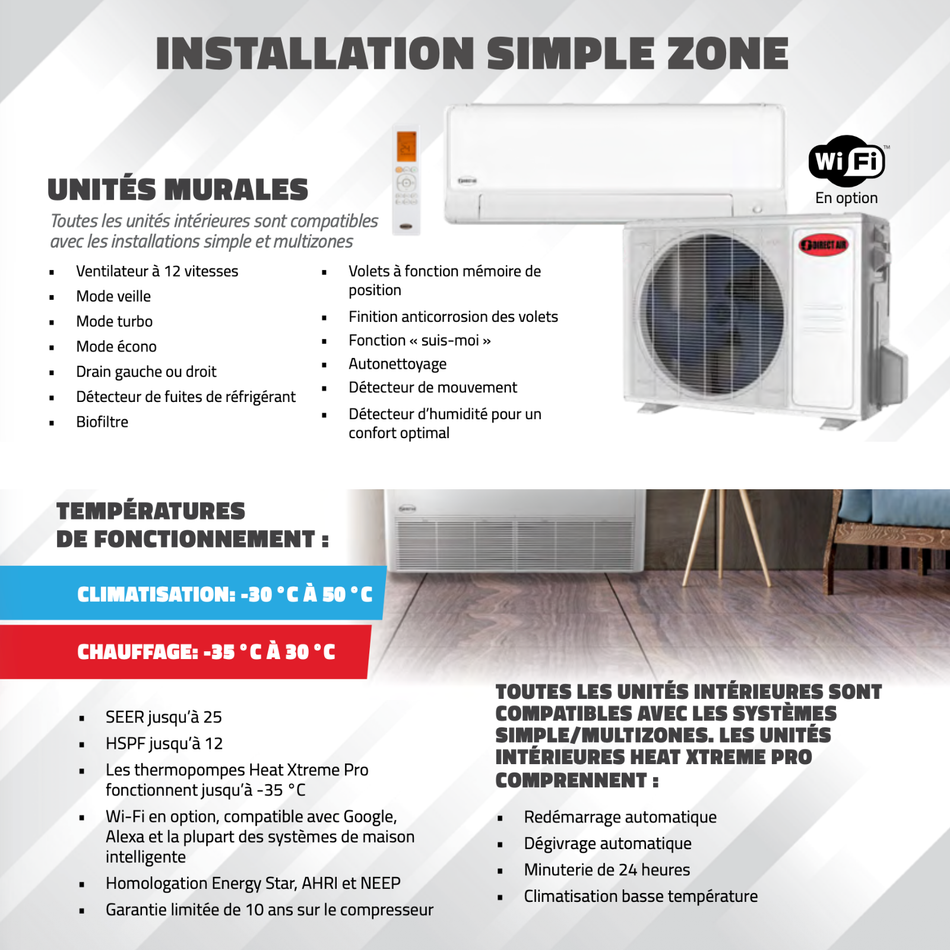 Thermopompe Murale DirectAir Heat Xtreme Pro (-35 °C) | R410a - 18 000 BTU
