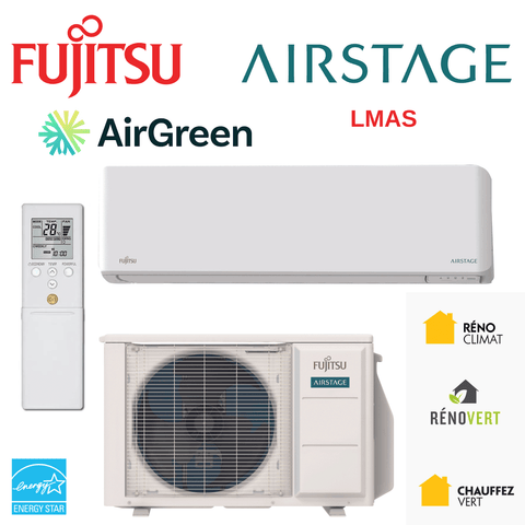Mini Split LMAS1 12 000 BTU (Nouveau) Grand Montréal, Laval, Longueuil, Rive Sud et Rive Nord shown with Fujitsu branding and remote control