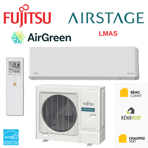 Installation Mini Split Mural Fujitsu LMAS1 de 24 000 BTU illustration avec unité murale, télécommande et logos.