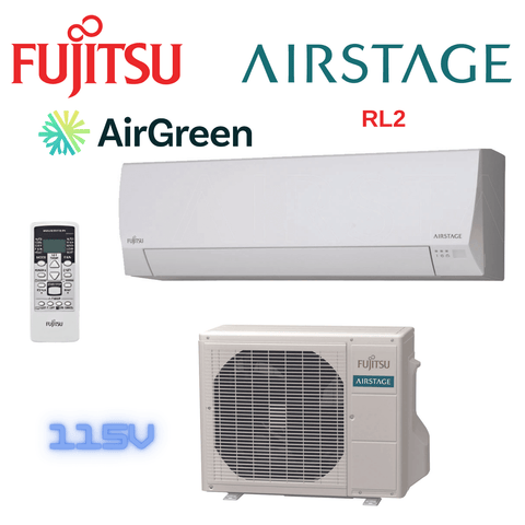 Thermopompe Murale Fujitsu RL2 9 000 BTU (115V) montrant l'unité intérieure et extérieure, télécommande incluse.
