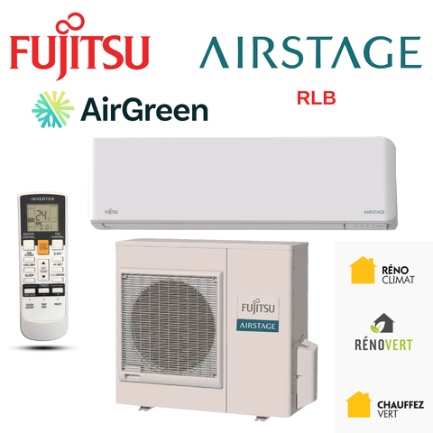 Mini Split Fujitsu RLB de 24 000 BTU à Montréal, Laval, Longueuil, Rive-Sud, Rive-Nord avec télécommande et logos certifications
