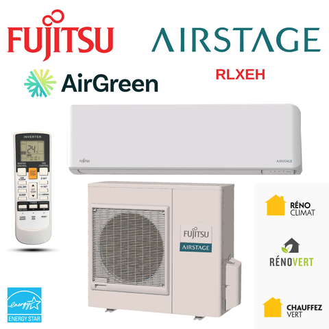 Thermopompe Murale Fujitsu RLXEH de 30 000 BTU Montréal, Laval, Longueuil, Rive Sud et Rive Nord avec télécommande et logos