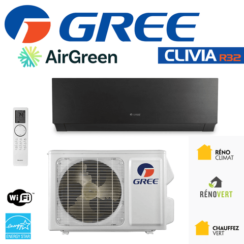 Thermopompe Murale GREE CLIVIA R32 (NOIR) | 12 000 BTU | Montréal, Rive Sud & Rive Nord, avec télécommande et labels énergétiques.
